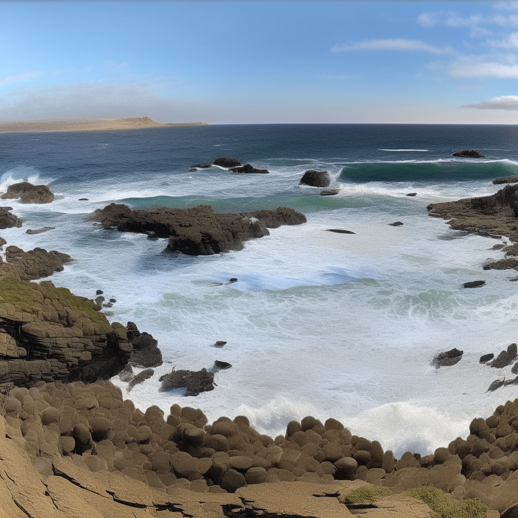 A panoramic view of rocky cliffs and tide pools along the shore, with waves crashing and seabirds soaring overhead