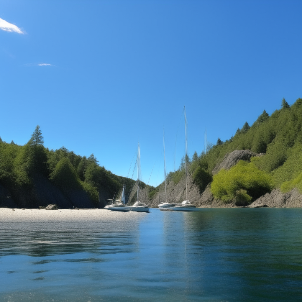 Sailboats bobbing at anchor in a sheltered cove, with forested hills rising up from rocky beaches under a clear blue sky