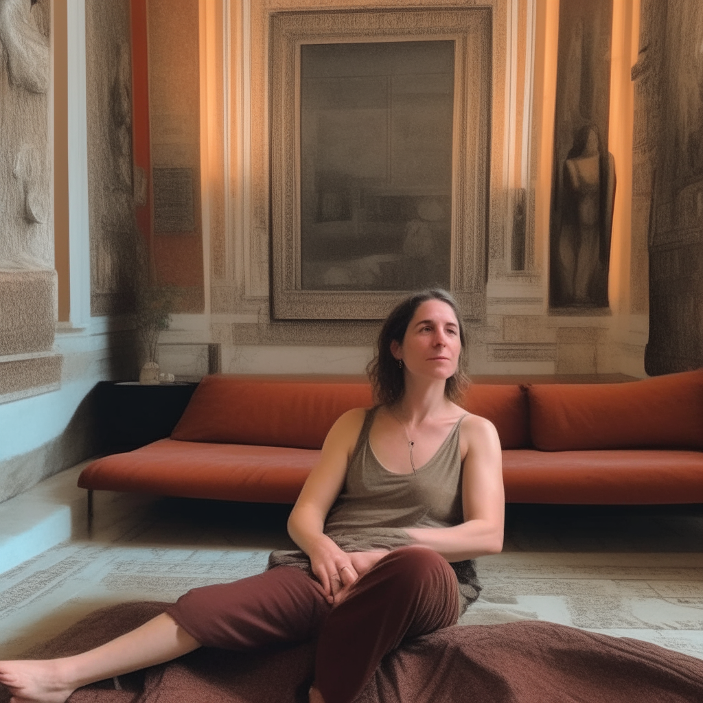 a woman sitting on a couch in an ornate Roman villa