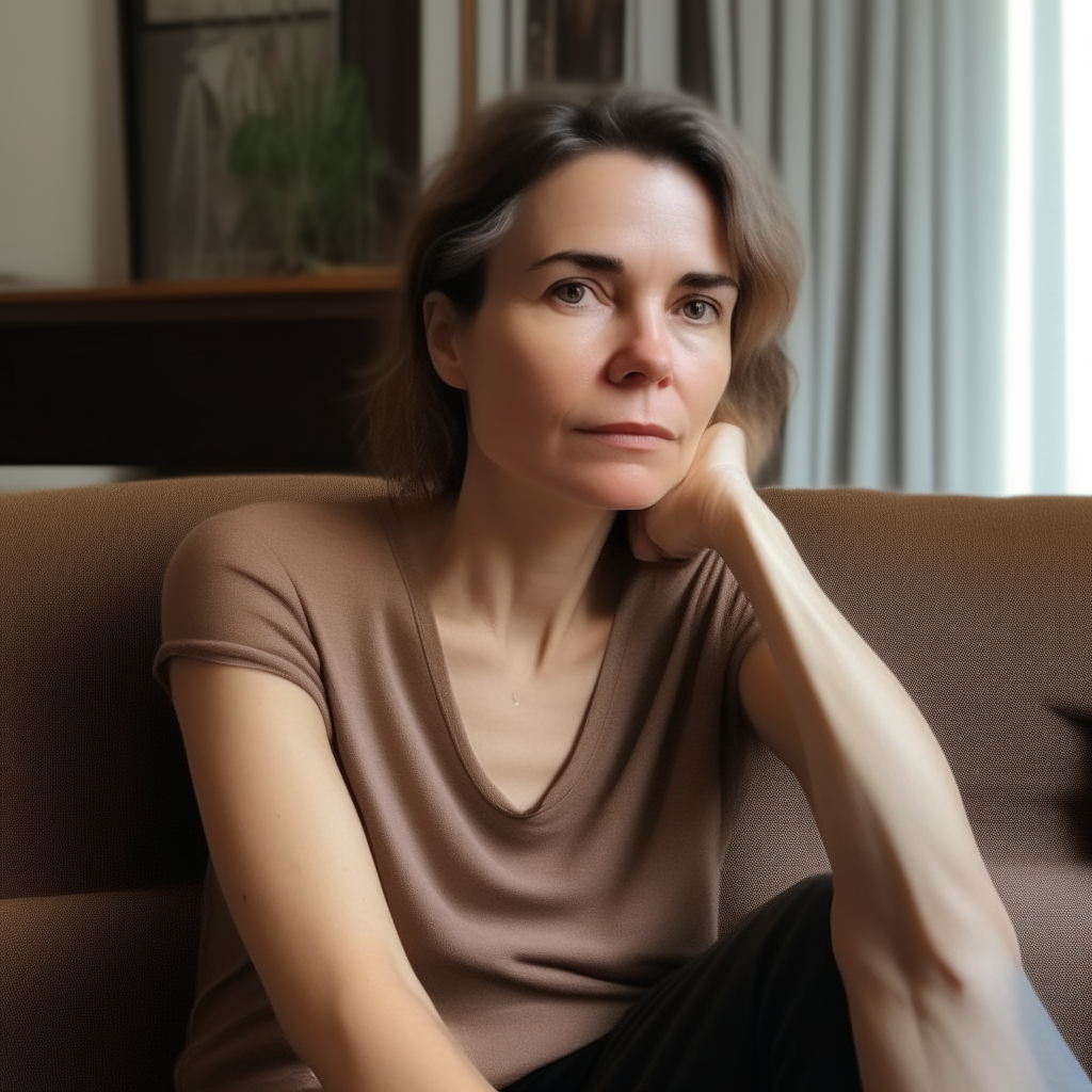 a woman sitting on a couch in a room, with refined facial features and smooth skin texture