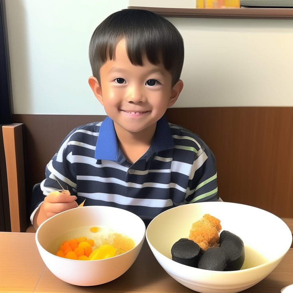 一个小男孩高兴地吃着狮子头食物