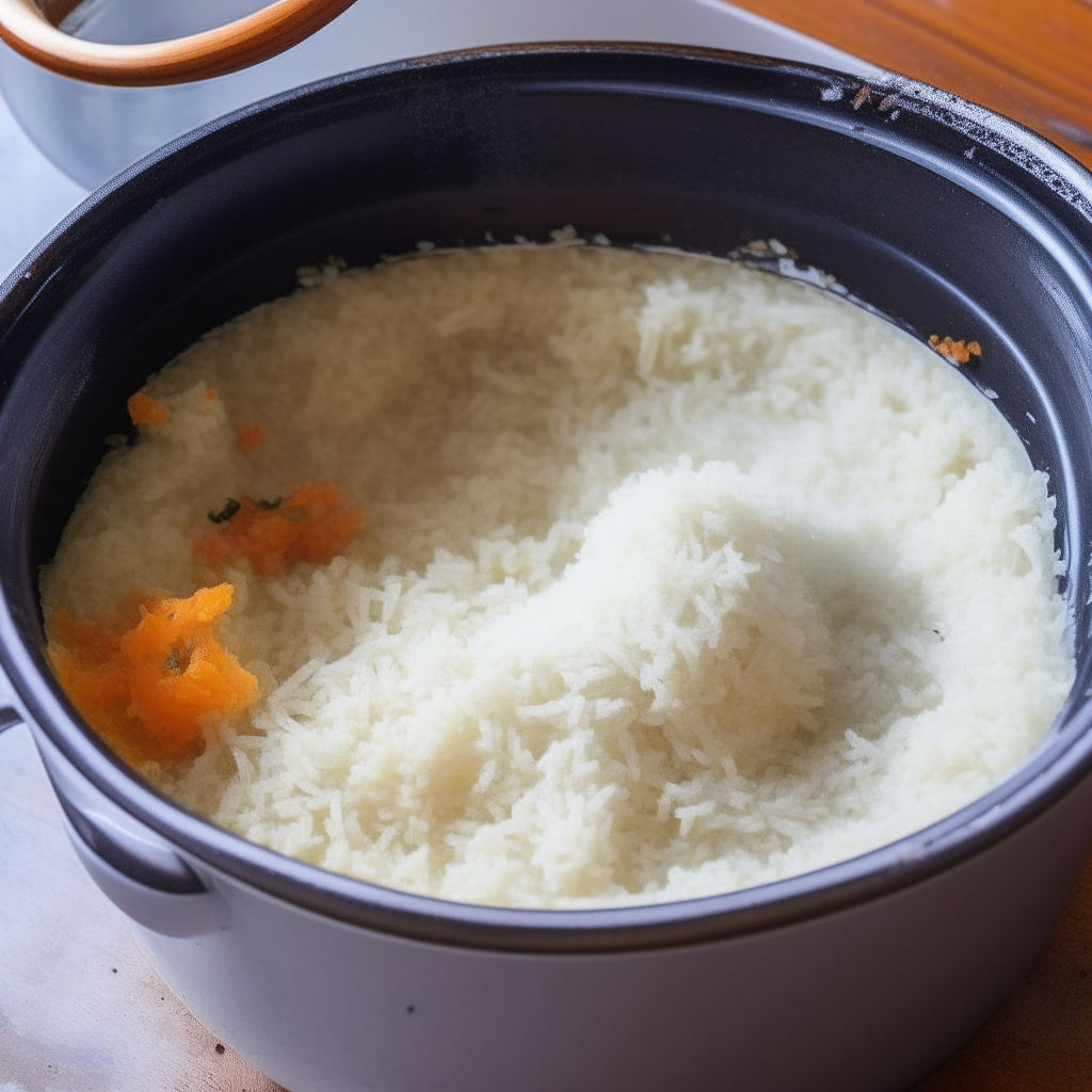 Rice, coconut milk, spices combined in a pot, step 1