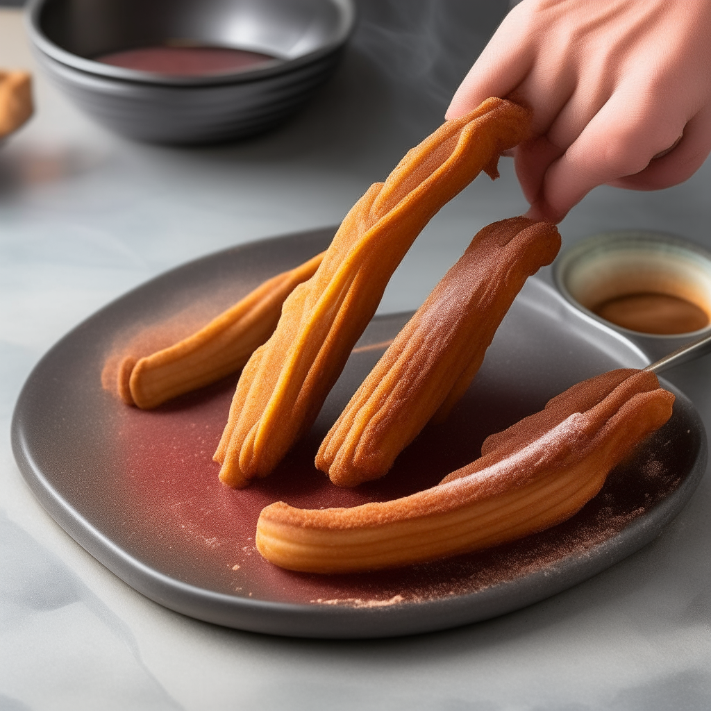 Coating cooked churros in cinnamon sugar, step 4