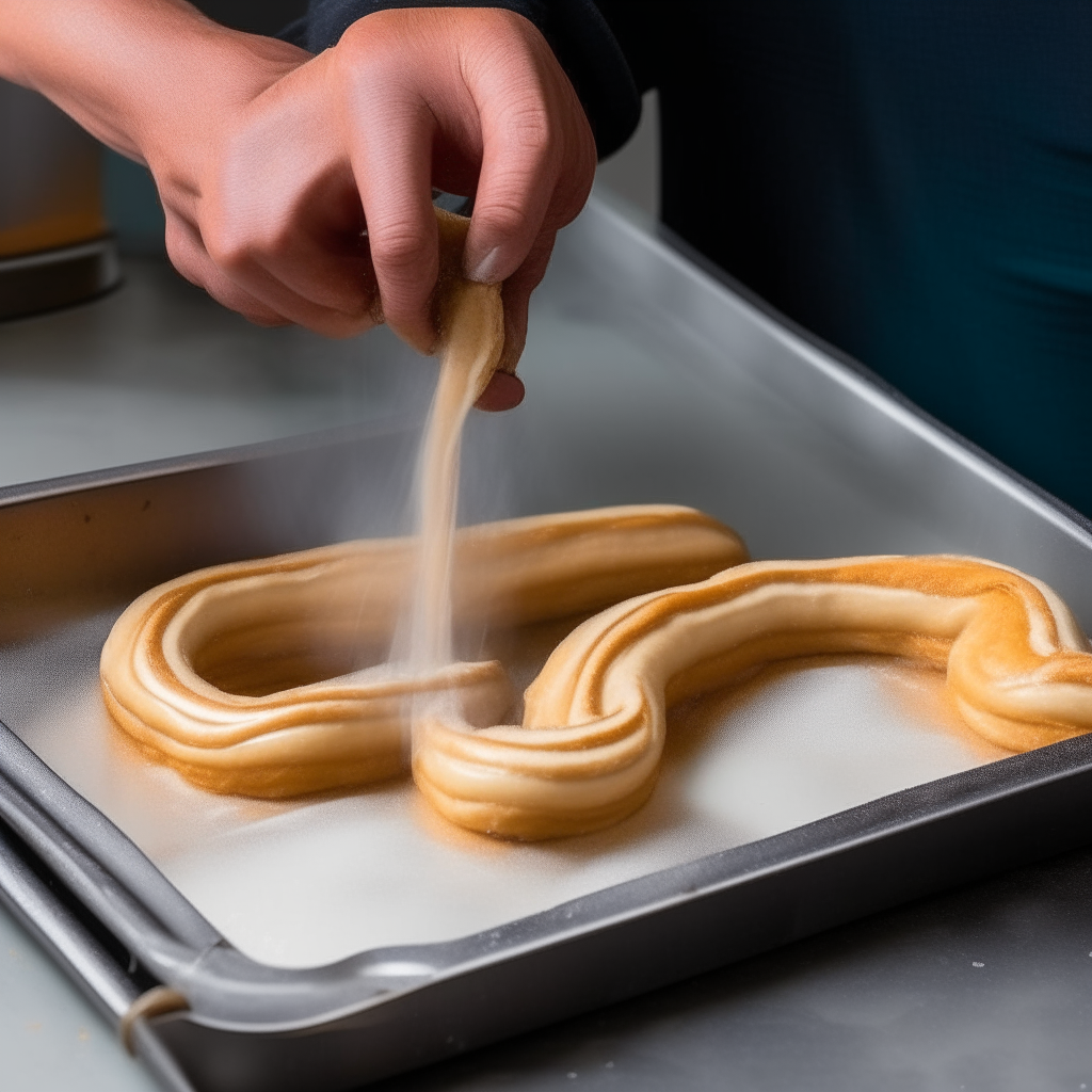 Piping churro dough onto a steaming tray, step 2, no hands