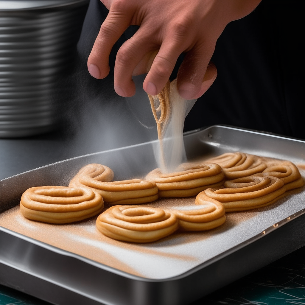 Piping churro dough onto a steaming tray, step 2, no human hands shown