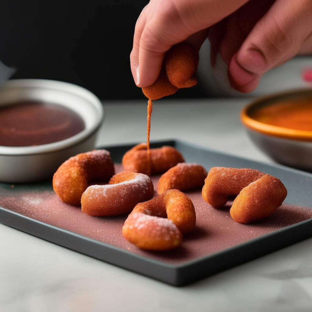 Coating cooked churro bites with cinnamon sugar, step 4, no human hands