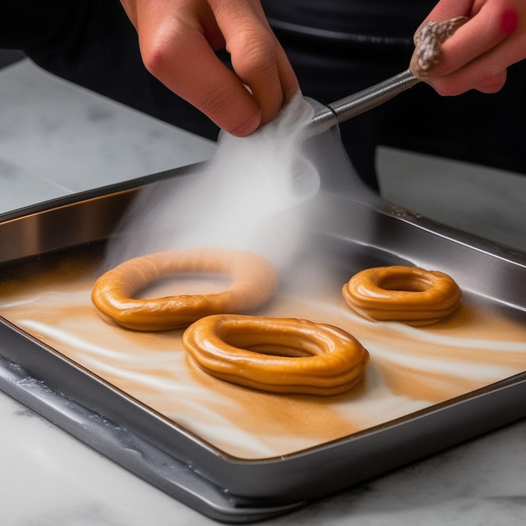 Piping churro dough onto a steaming tray, step 2