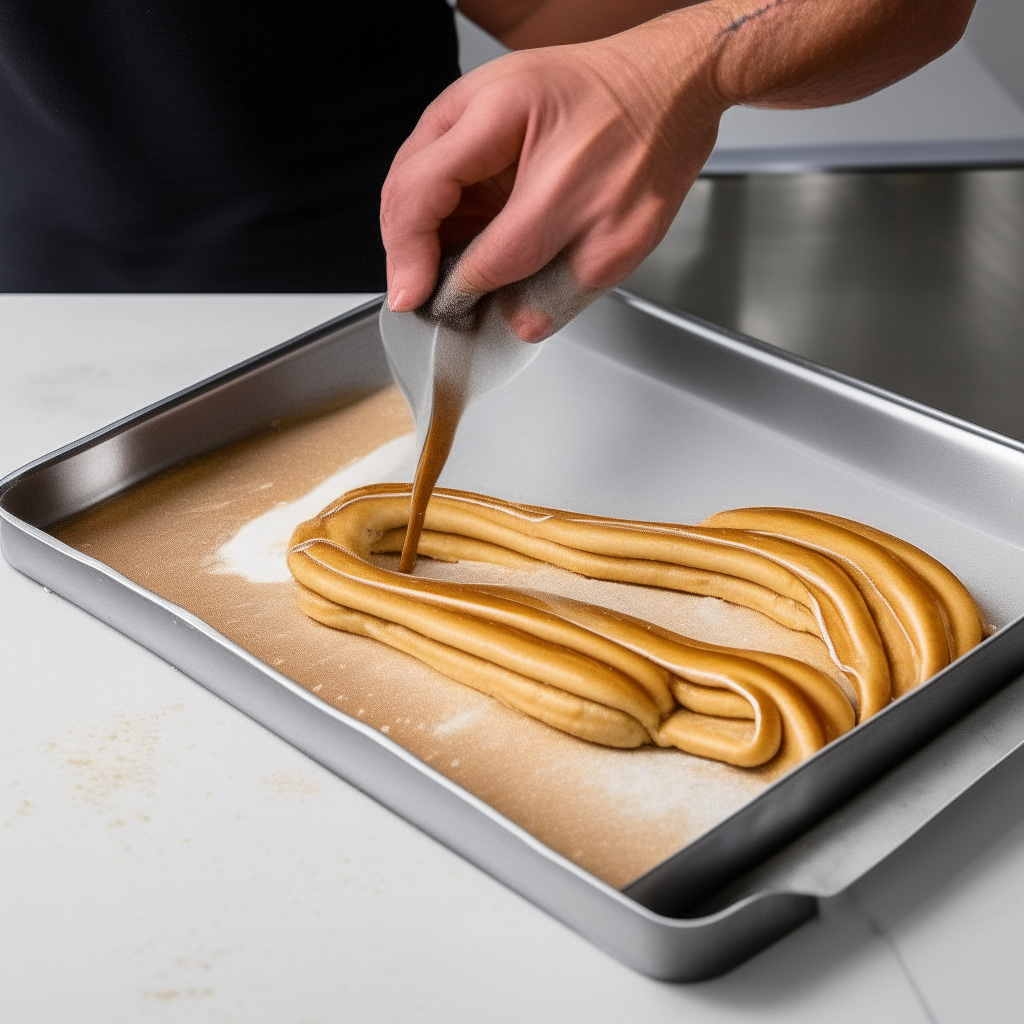 Piping churro dough onto tray, step 2