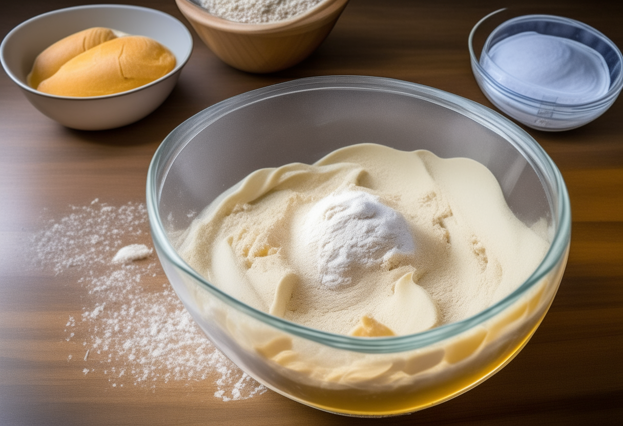 Step 1: Dry ingredients - flour, sugar, baking powder and salt mixed together in one bowl. Wet ingredients - egg, milk, butter and vanilla mixed together in a second bowl.