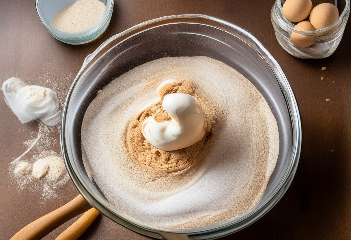 Step 1 ingredients being mixed in two bowls then combined into carrot cake batter