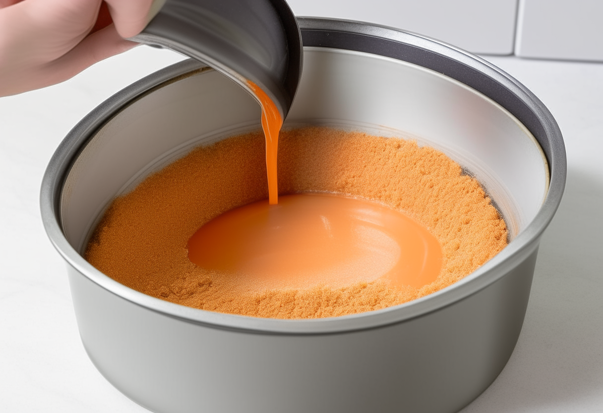 Step 2 carrot cake batter being poured into a prepared cake pan