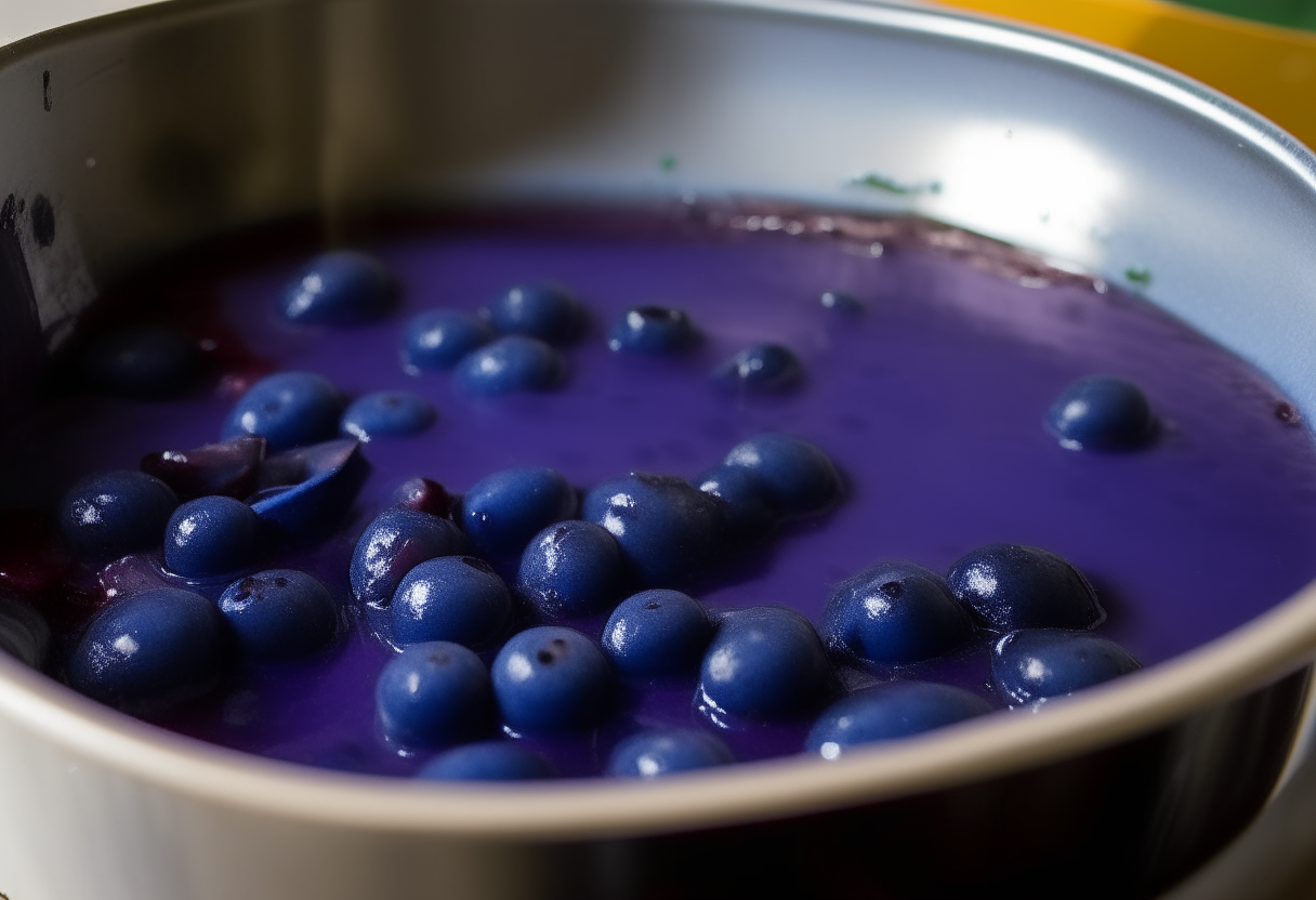 Step 4 - Pectin stirred into blueberry mixture, cooked on saute mode until thickened and then cooled before jarring.