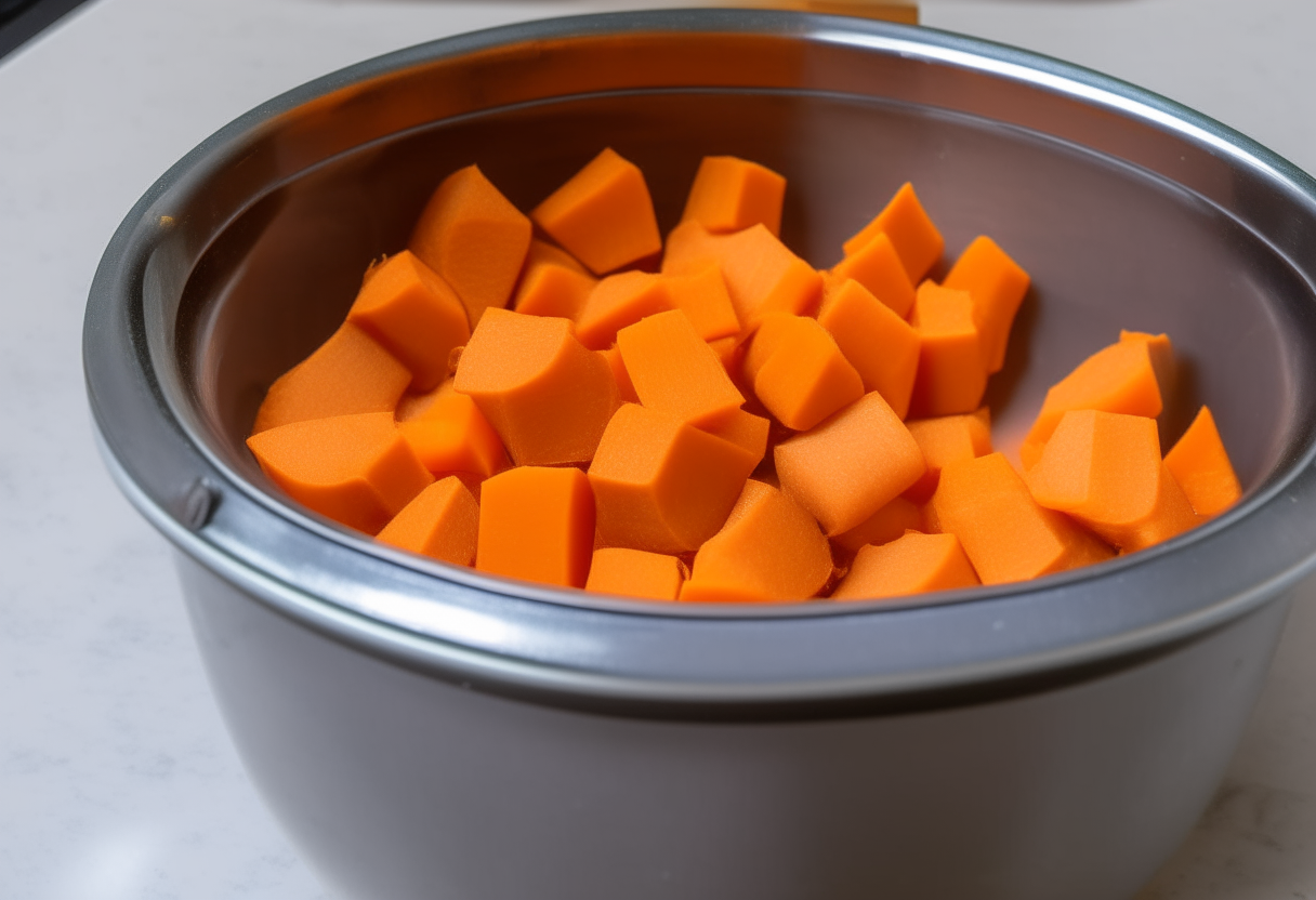 Sweet potatoes peeled, chopped into chunks, placed into instant pot with water, set to high pressure 18 minutes