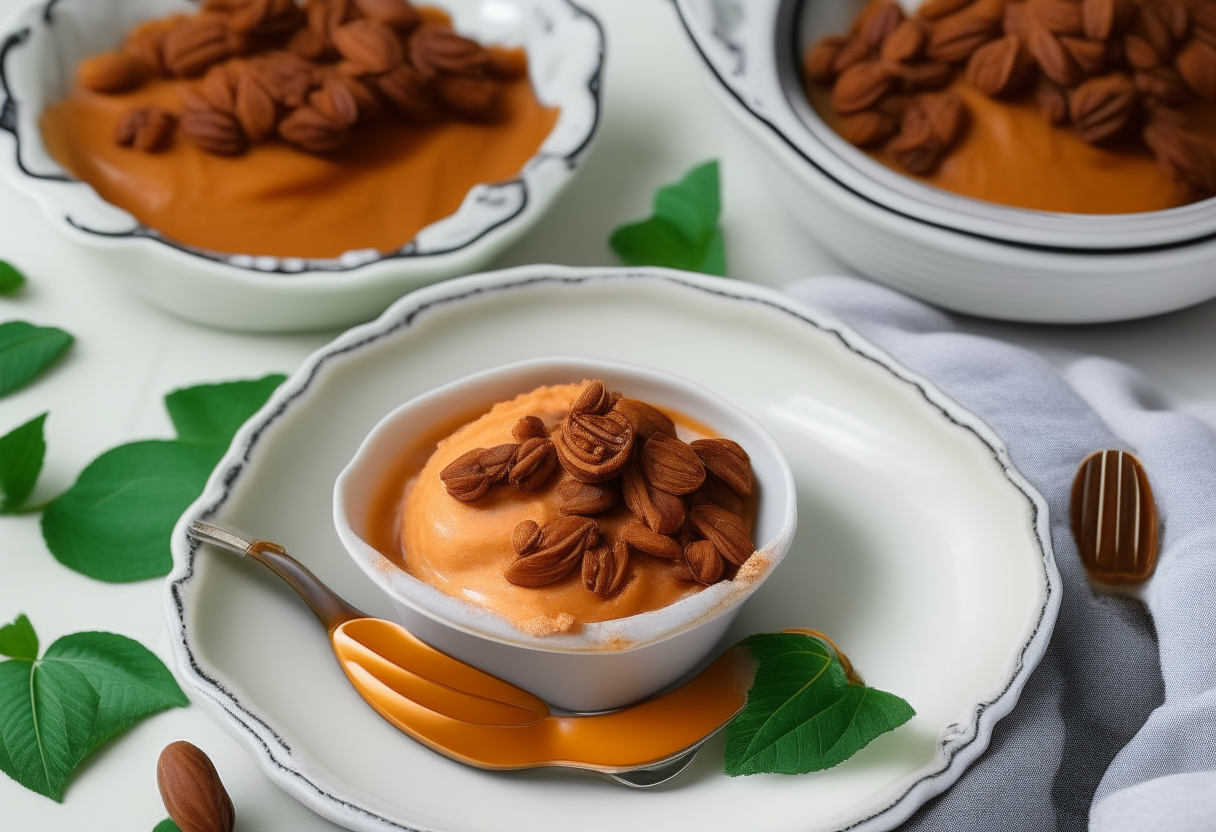 Sweet potato pudding spooned into dishes, garnished with cinnamon, pecans and mint