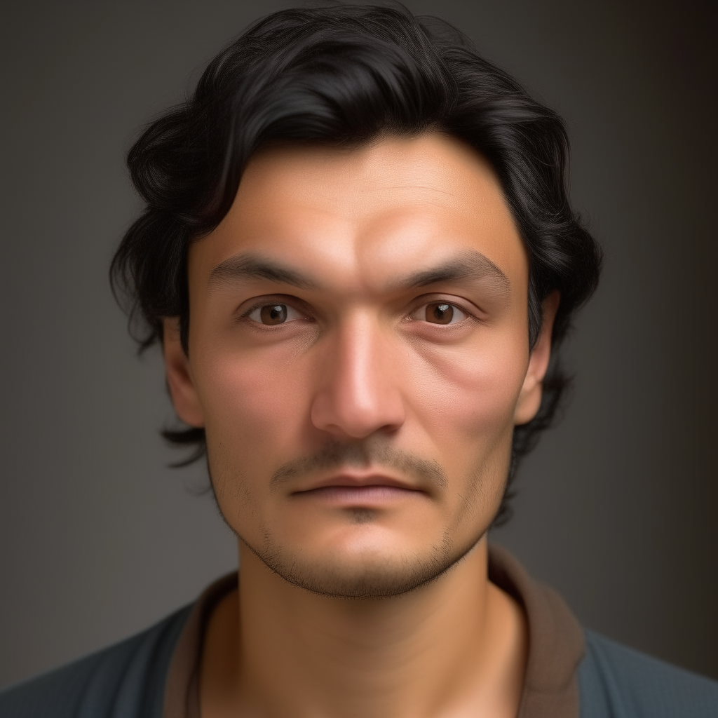 portrait of a handsome man aged 30, with Greek, Mongolian, Turkmen and Russian facial features mixed, oval face shape, small almond eyes, strongly and darkly curled dark brown hair and dark brown eyes, lightly tanned skin, neutral expression, no background