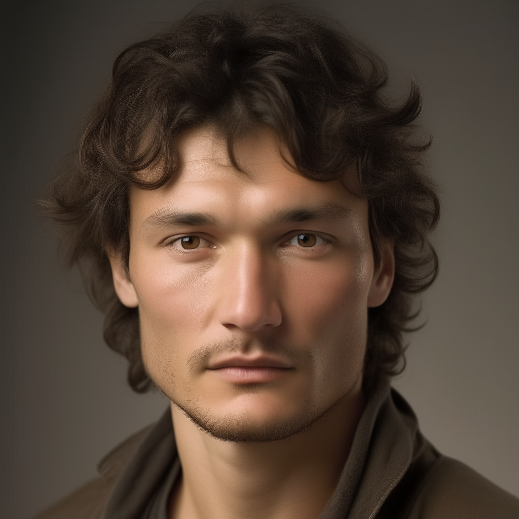 portrait of a handsome man aged 30, with Greek, Mongolian, Turkmen and Russian facial features mixed, oval face shape, small almond eyes, dark brown hair with wild, thick curls blowing in the wind, dark brown eyes, lightly tanned skin, neutral expression, no background