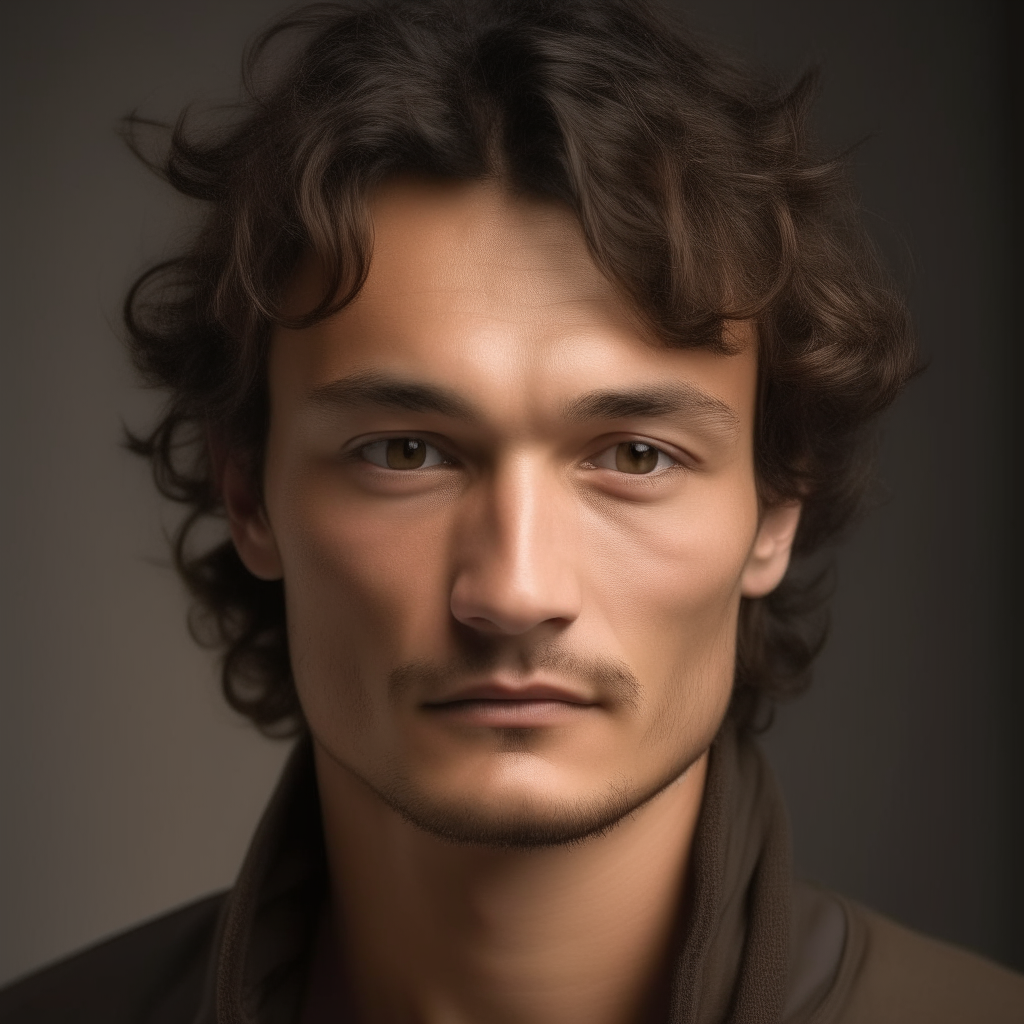 portrait of a handsome man aged 30, with Greek, Mongolian, Turkmen and Russian facial features mixed, oval face shape, small almond eyes, dark brown hair with wild, thick curls longest in the middle, blowing in the wind, dark brown eyes, lightly tanned skin, neutral expression, no background