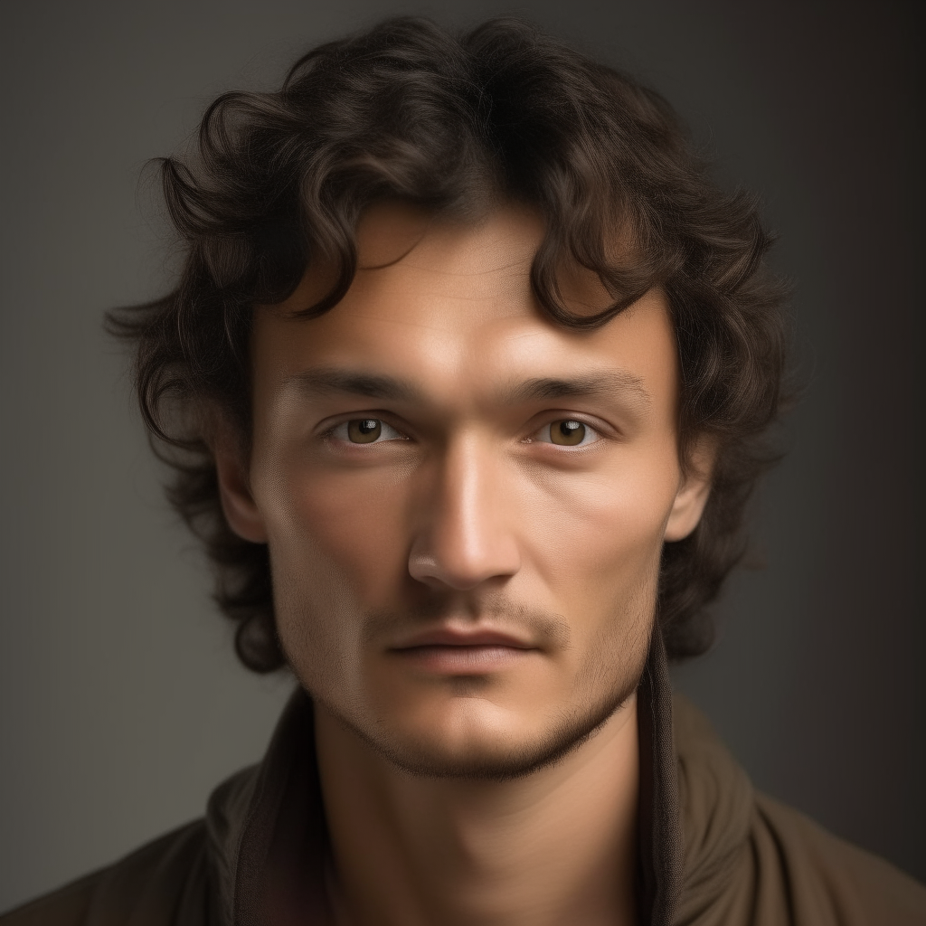 portrait of a handsome man aged 30, with Greek, Mongolian, Turkmen and Russian facial features mixed, oval face shape, small almond eyes, dark brown hair with wild, thick curls blowing wildly in the wind, dark brown eyes, lightly tanned skin, neutral expression, no background