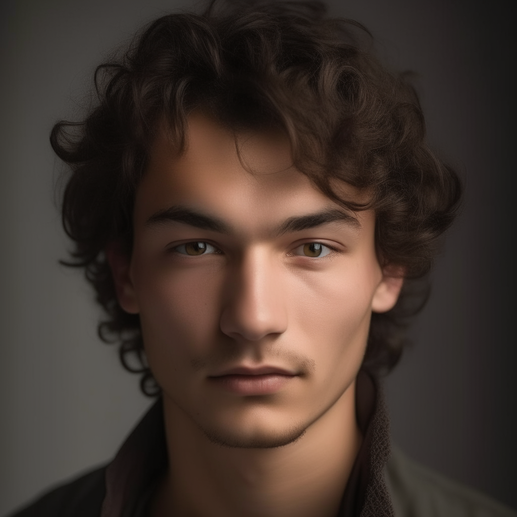 portrait of a handsome man aged 24, with Greek, Turkic, Turkmen and Russian facial features mixed, oval face shape, small almond eyes, dark brown hair with wild, thick curls blowing wildly in the wind, dark brown eyes, lightly tanned skin, bulbous tipped nose, neutral expression, fuller cheeks, no background