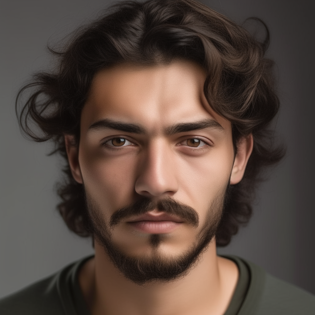 portrait of a handsome man aged 24, with Greek, Italian, Spanish, Turkmen and Russian facial features mixed, oval face shape, small almond eyes, dark brown hair with wild, curly strands blowing in the wind, 3 day beard, dark brown eyes, lightly tanned skin, bulbous tipped nose, neutral expression, fuller cheeks, no background