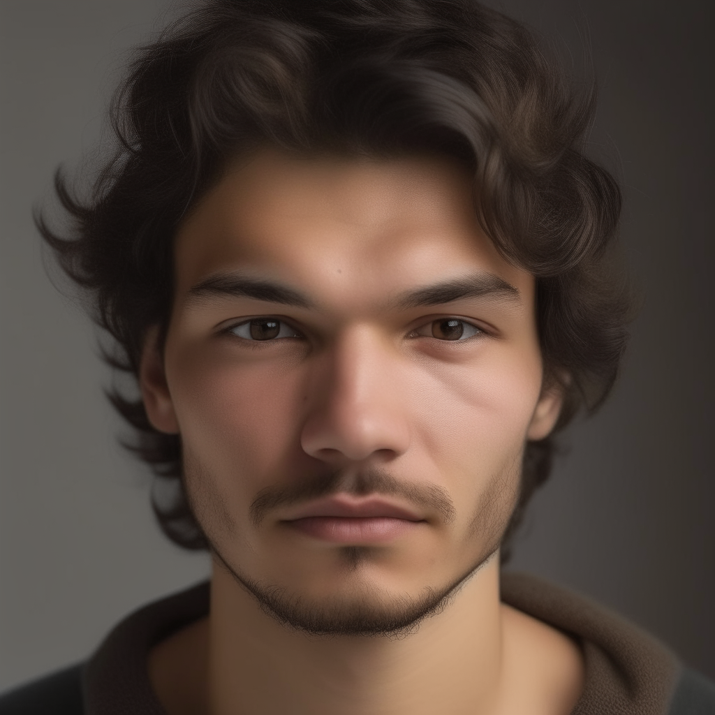 portrait of a handsome man aged 24, with Greek, Italian, Turkmen and Russian facial features mixed, oval face shape, small almond eyes, dark brown hair with wild, curly strands blowing in the wind, light stubble, dark brown eyes, lightly tanned skin, bulbous tipped nose, neutral expression, fuller cheeks, no background