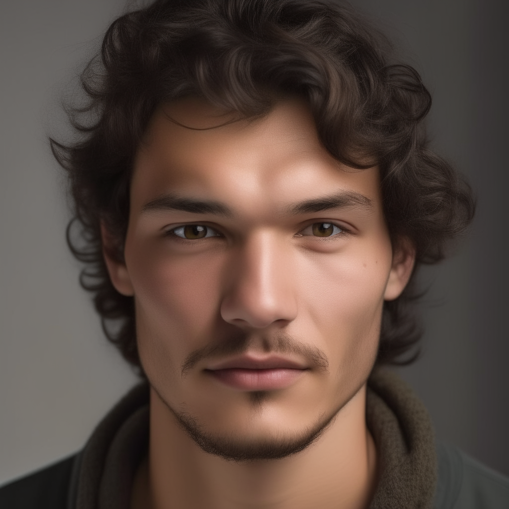 portrait of a handsome man aged 24, with Greek, Italian, Turkmen and Russian facial features mixed, oval face shape, small almond eyes, dark brown hair with wild, strong curls blowing in the wind, light stubble, dark brown eyes, lightly tanned skin, bulbous tipped nose, neutral expression, fuller cheeks, no background