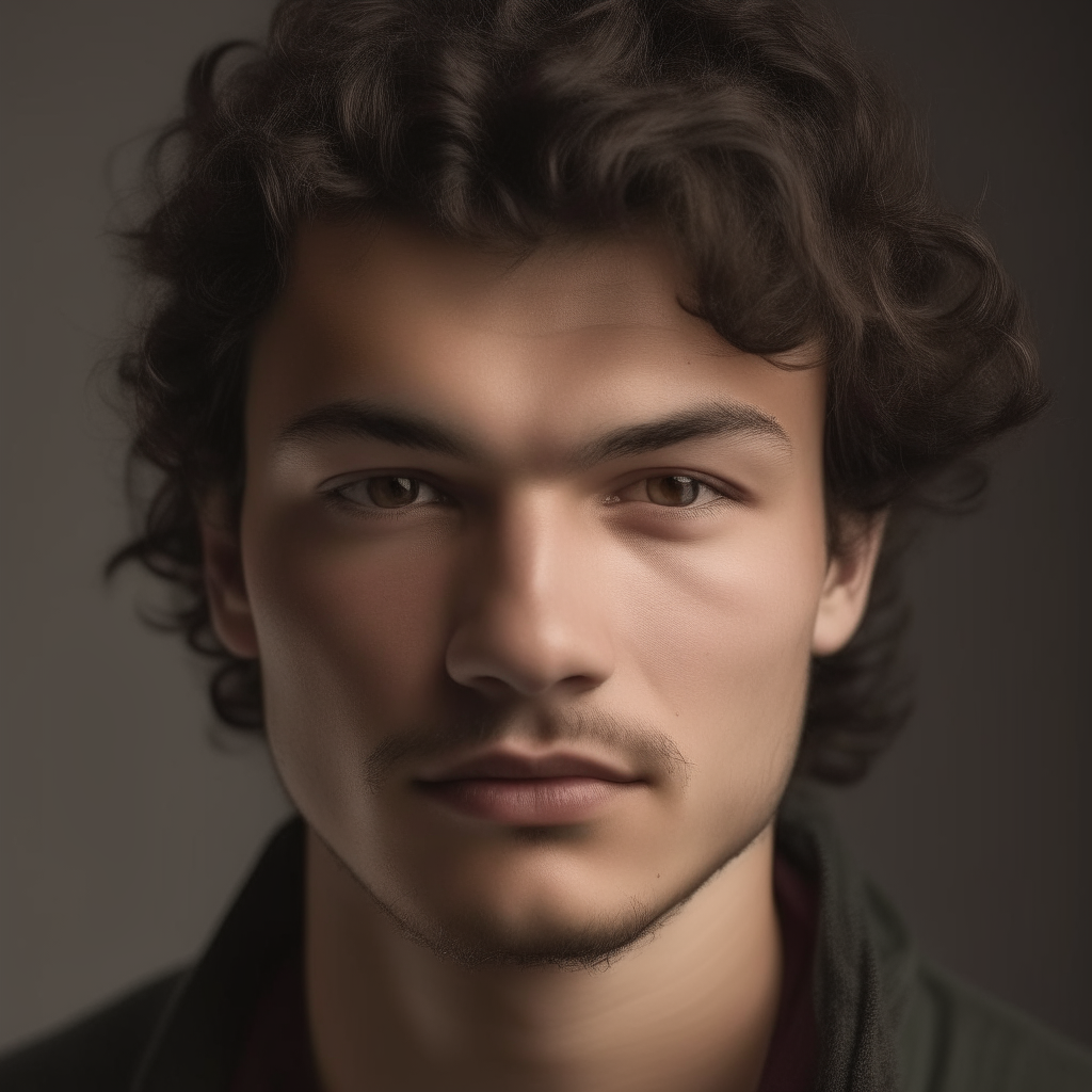 portrait of a handsome man aged 24, with Greek, Italian, Turkic facial features mixed, oval face shape, small almond eyes, dark brown hair with wild, strong curls blowing in the wind, light stubble, dark brown eyes, lightly tanned skin, bulbous tipped nose, neutral expression, fuller cheeks, no background