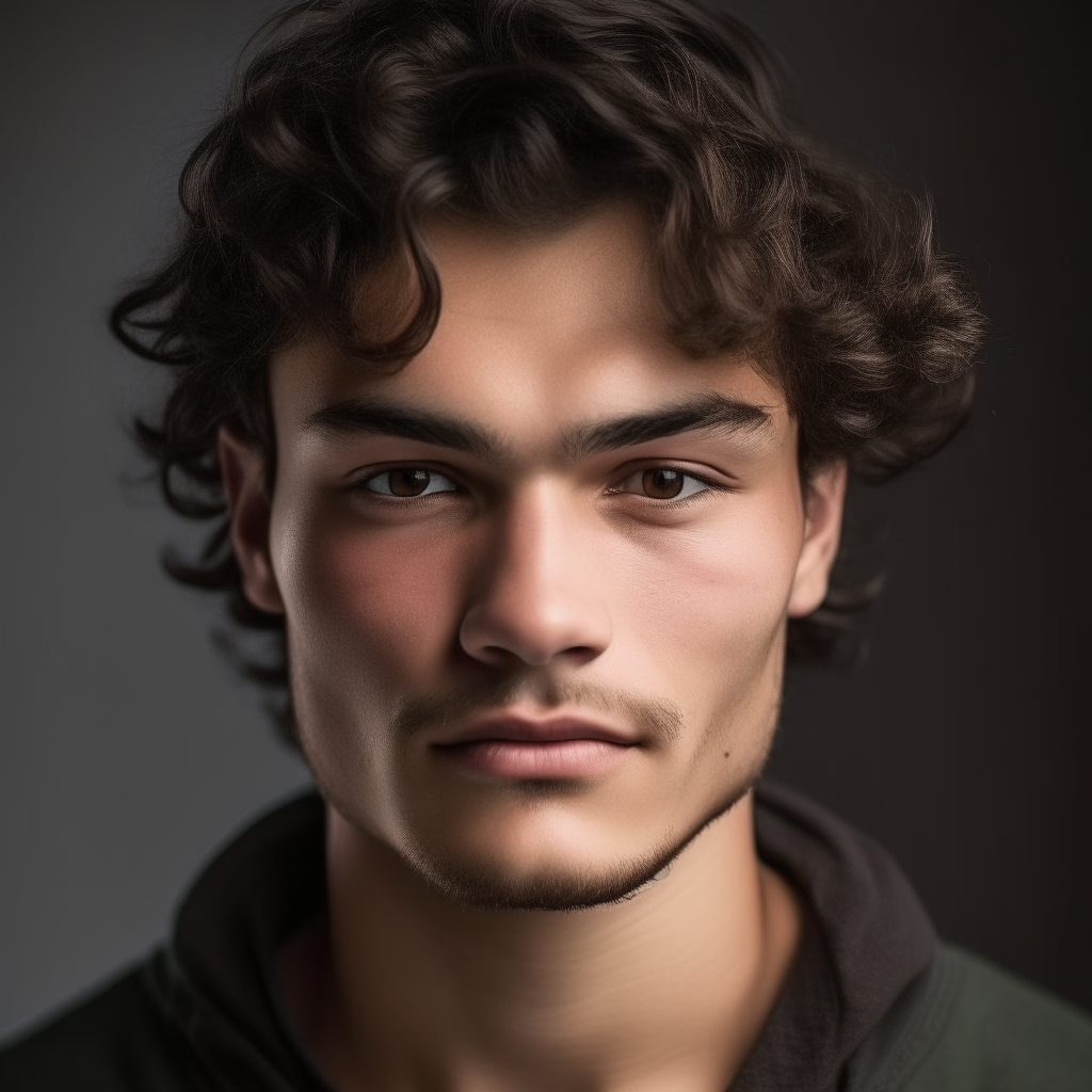 portrait of a handsome man aged 24, with Greek, Italian, Turkic, Spanish facial features mixed, oval face shape, small almond eyes, dark brown hair with wild, strong curls blowing in the wind, light stubble, dark brown eyes, lightly tanned skin, bulbous tipped nose, neutral expression, jawline fuller but still defined, fuller cheeks, no background