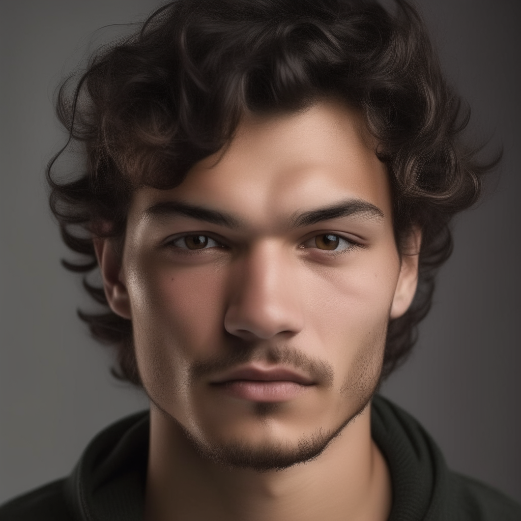 portrait of a handsome man aged 24, with Greek, Italian, Turkic, Spanish facial features mixed, oval face shape, small almond eyes, dark brown hair with wild, strong curls blowing in the wind, light stubble, dark brown eyes, lightly tanned skin, bulbous tipped nose, neutral expression, fuller cheeks, no background