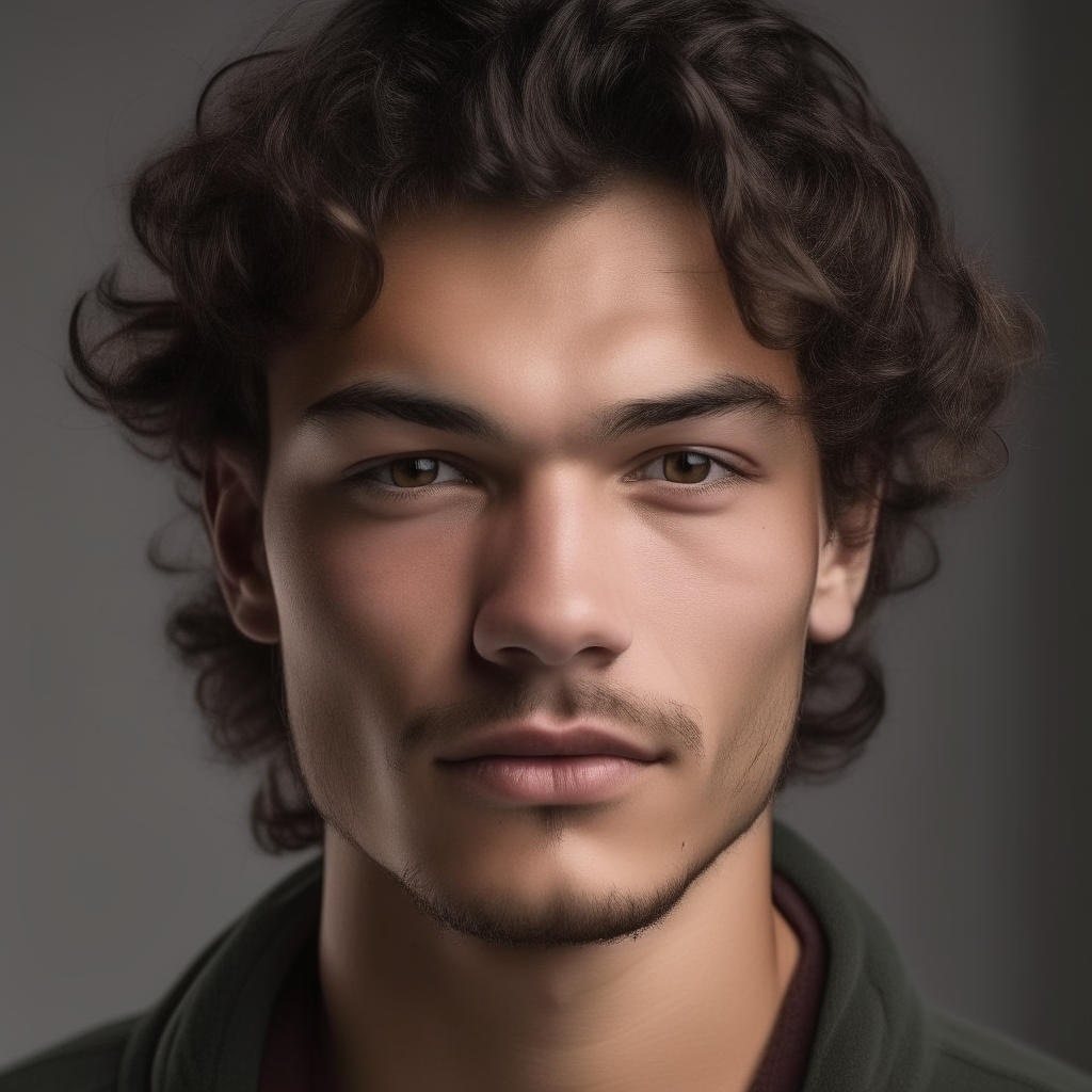 portrait of a handsome man aged 24, with Greek, Italian, Turkic, Spanish facial features mixed, oval face shape, small almond eyes, dark brown hair with wild, strong curls blowing in the wind, light stubble, dark brown eyes, lightly tanned skin, bulbous tipped nose, neutral expression, rounded eyebrows, no background