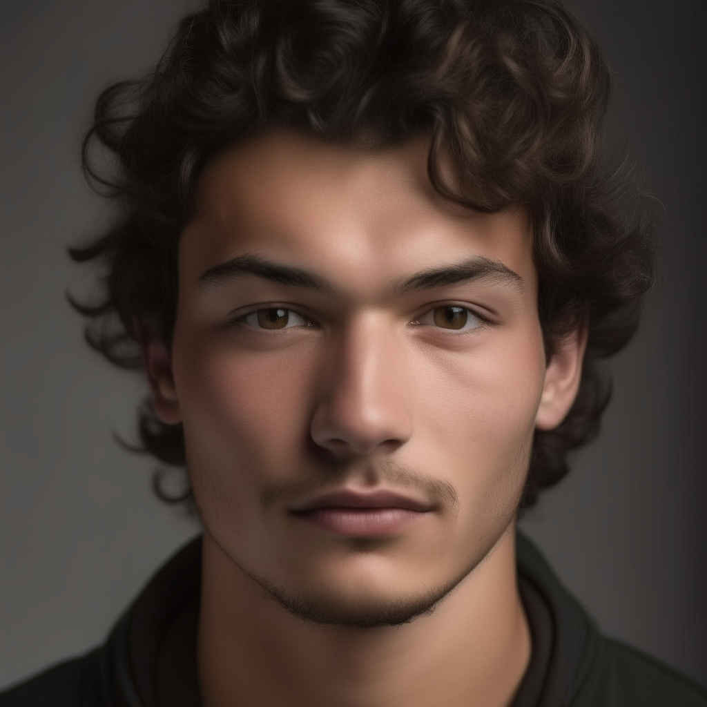 portrait of a handsome man aged 24, with Greek, Italian, Turkic facial features mixed, oval face shape, small almond eyes, dark brown hair with wild, strong curls blowing in the wind, light stubble, black eyes, lightly tanned skin, small bulbous tipped nose, neutral expression, rounded eyebrows, no background