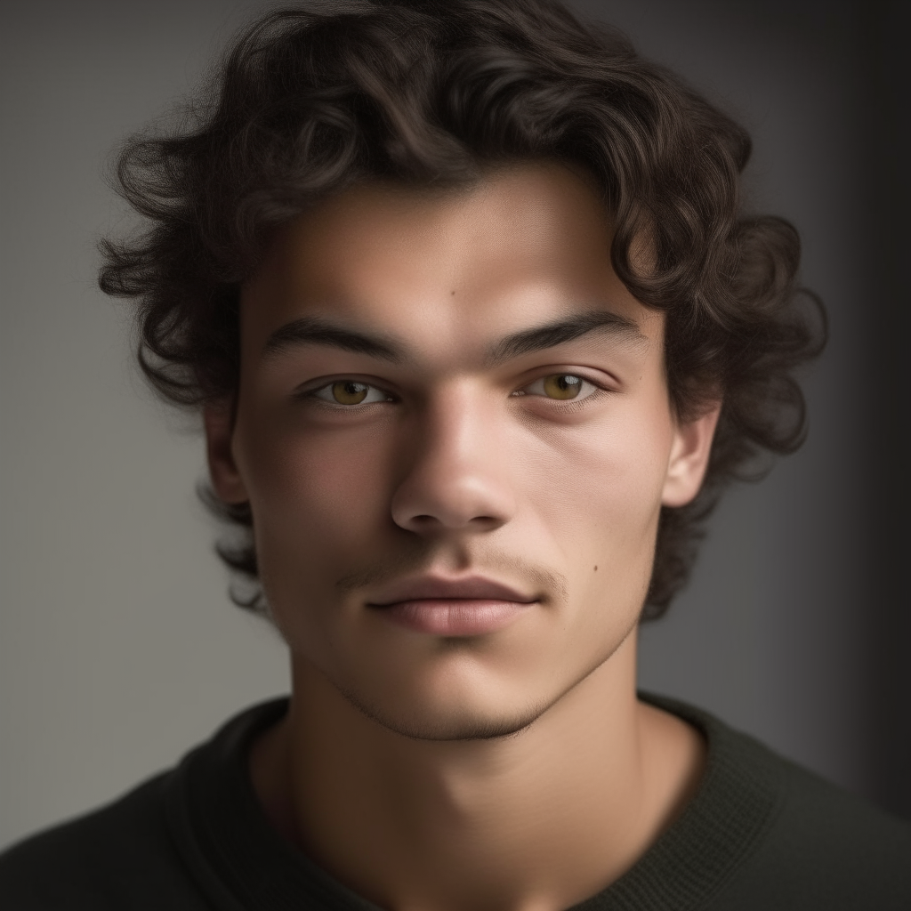 portrait of a handsome man aged 24, with Greek facial features mixed, oval face shape, small almond eyes, dark brown hair with wild, strong curls blowing in the wind, light stubble, dark brown eyes, lightly tanned skin, small bulbous tipped nose, neutral expression, rounded eyebrows, no background