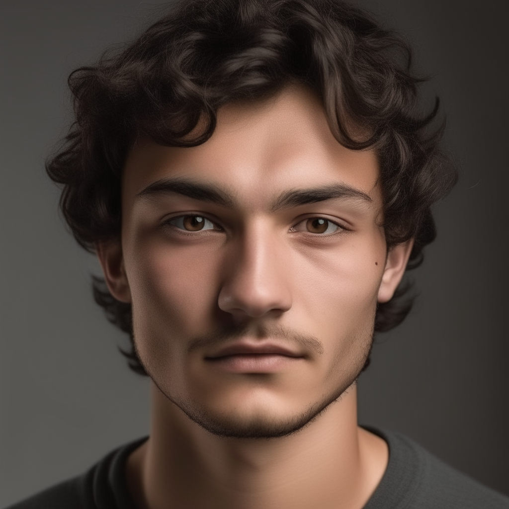 portrait of a handsome man aged 24, with Greek, Italian, Turkic facial features mixed, oval face shape, small almond eyes, dark brown hair with wild, short curls, light stubble, black eyes, lightly tanned skin, small bulbous tipped nose, neutral expression, rounded eyebrows, no background