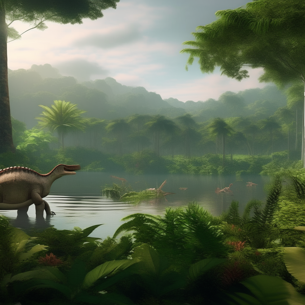 lush rainforest with large trees around a lake where dinosaurs are eating the plant life on edge of the lake