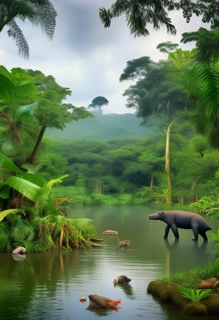 lush rainforest animals around lake edge with no boats nor people 