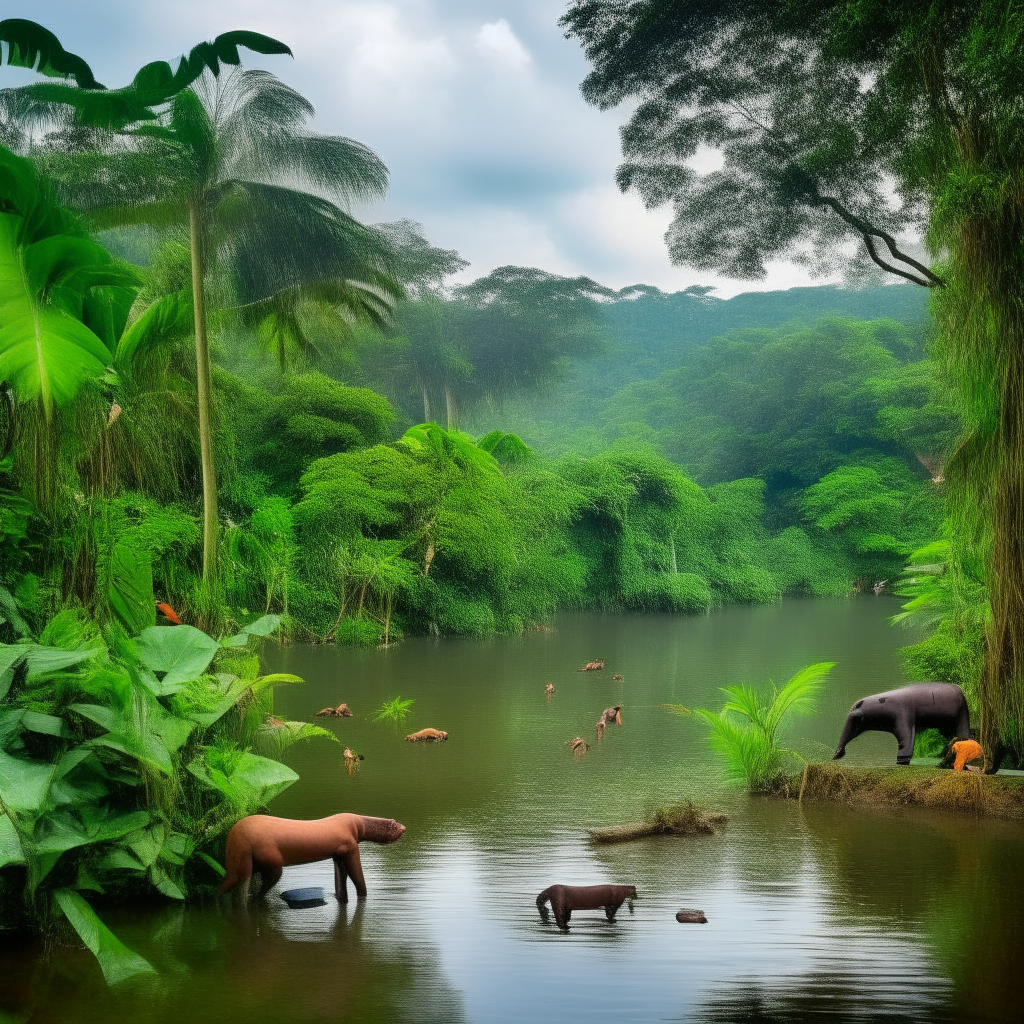 lush rainforest animals around lake edge with no boats nor people 