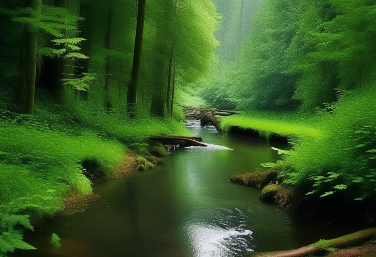 lush forest surrounding lake, flowing into it is a small stream