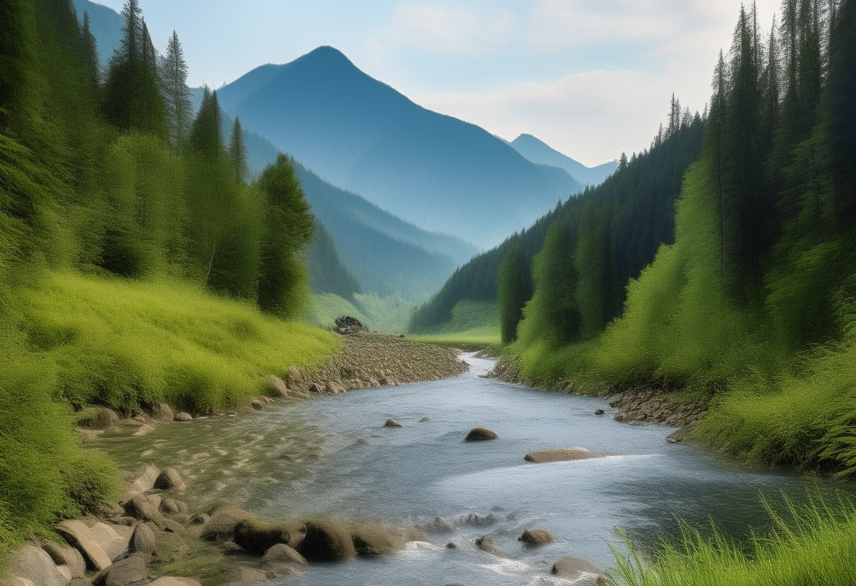 mountains in the background of a lush forest surrounding a lake, flowing into it is a small stream