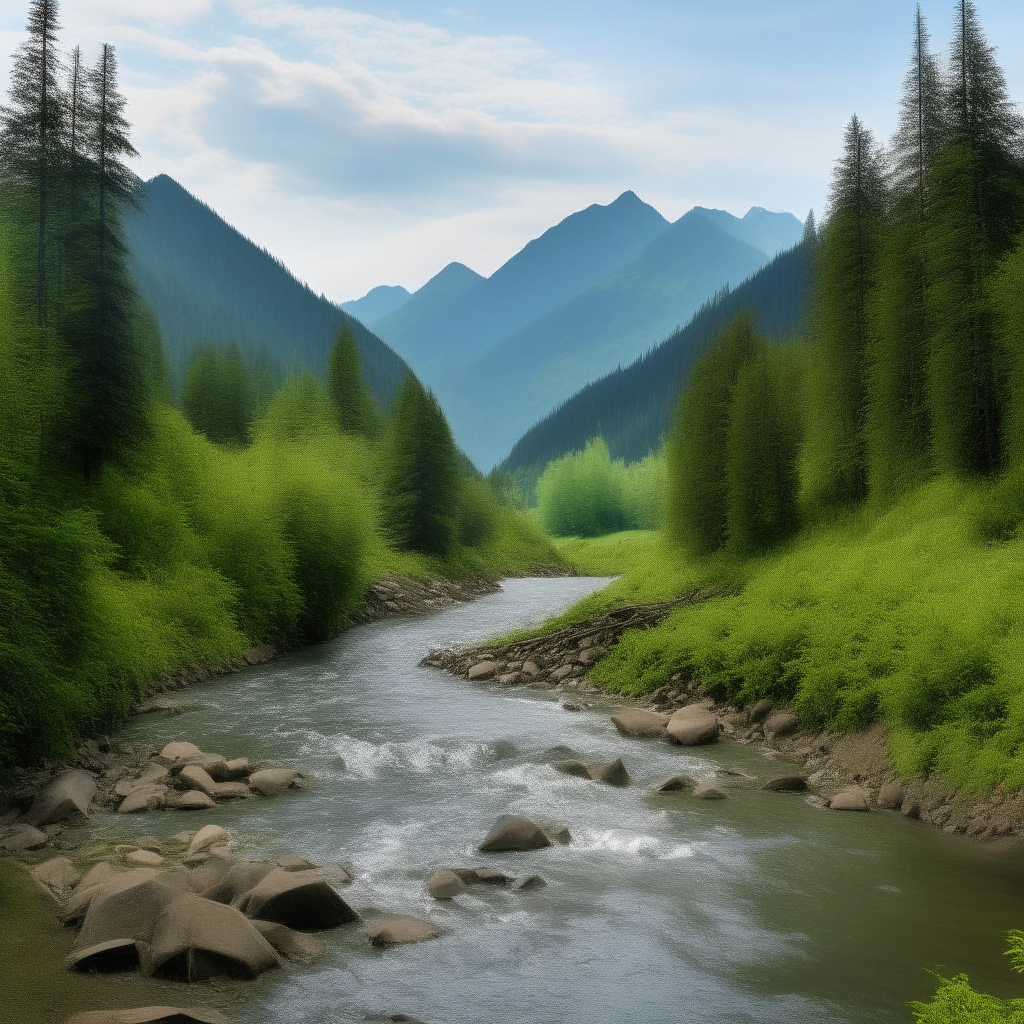 mountains in the background of a lush forest surrounding a lake, flowing into it is a small stream
