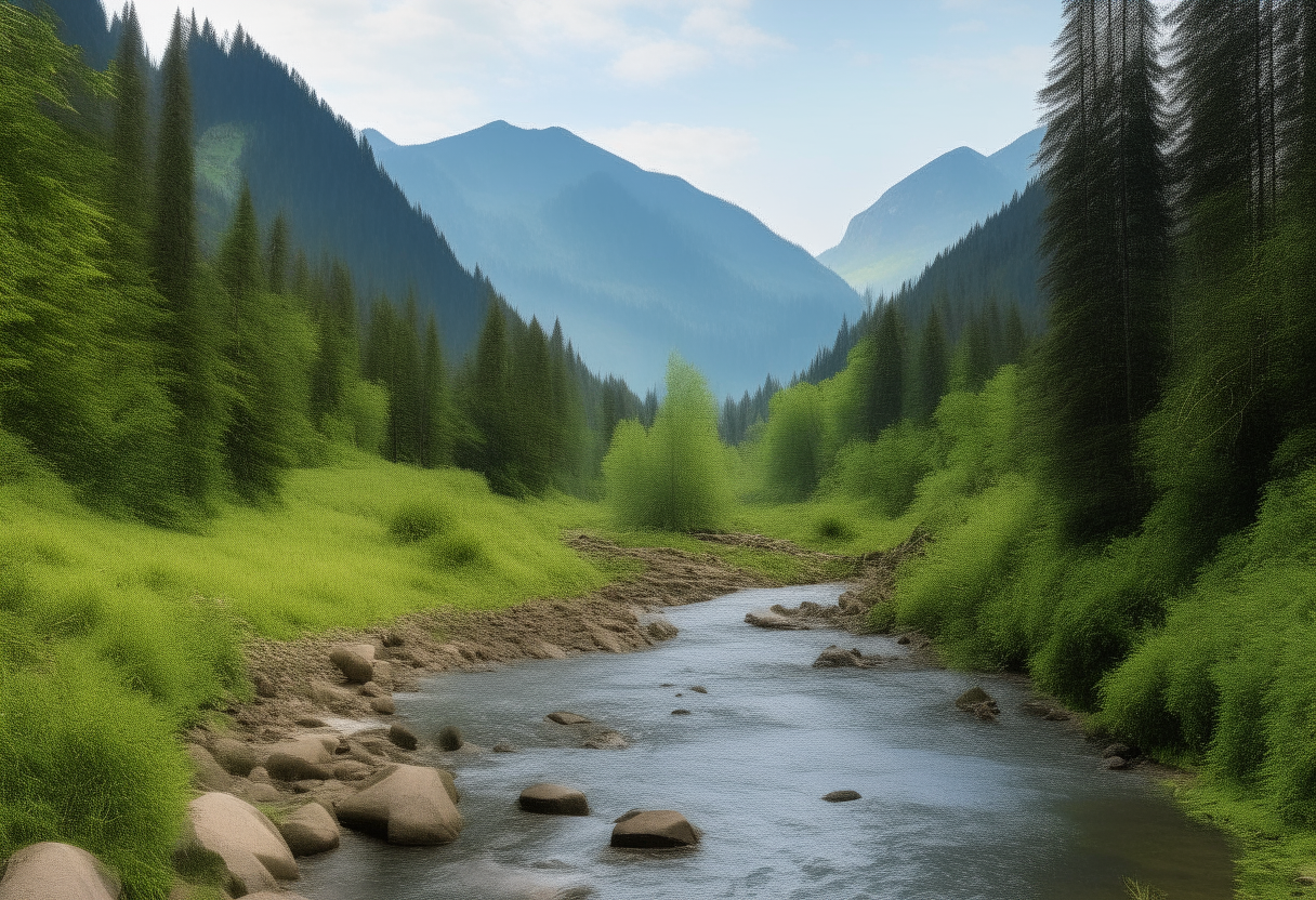 mountains in the background of a lush forest surrounding a lake, flowing into it is a small stream
