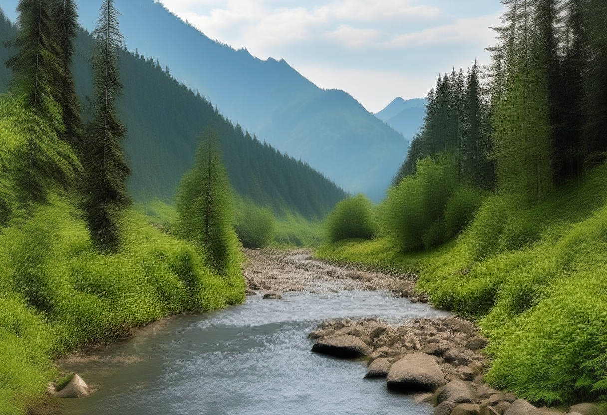 mountains in the background of a lush forest surrounding a lake, flowing into it is a small stream
