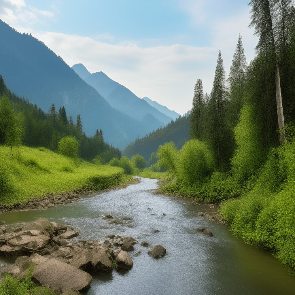 mountains in the background of a lush forest surrounding a lake, flowing into it is a small stream
