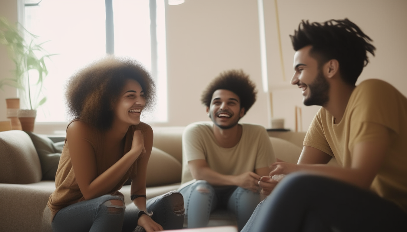 a group of three friends hanging out in a living room, medium shot