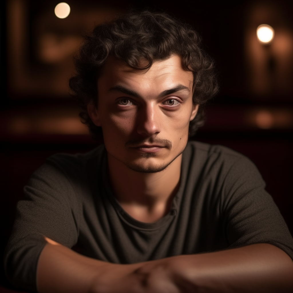 portrait of a handsome man aged 24, with Greek, Italian, Turkic facial features mixed, sitting alone at a dimly lit bar table, oval face shape, small almond eyes, dark brown hair with wild, curly hair, stubble, black eyes, lightly tanned skin, small bulbous tipped nose, neutral expression, rounded eyebrows