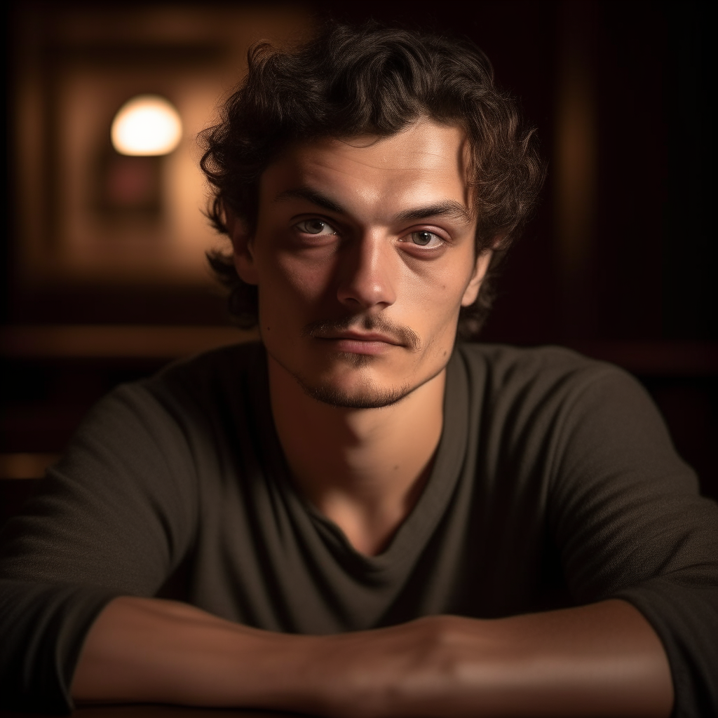 portrait of a handsome man aged 24, with Greek and Italian facial features mixed, sitting alone at a dimly lit bar table, oval face shape, small almond eyes, dark brown curly hair, light stubble, black eyes, lightly tanned skin, neutral expression, rounded eyebrows