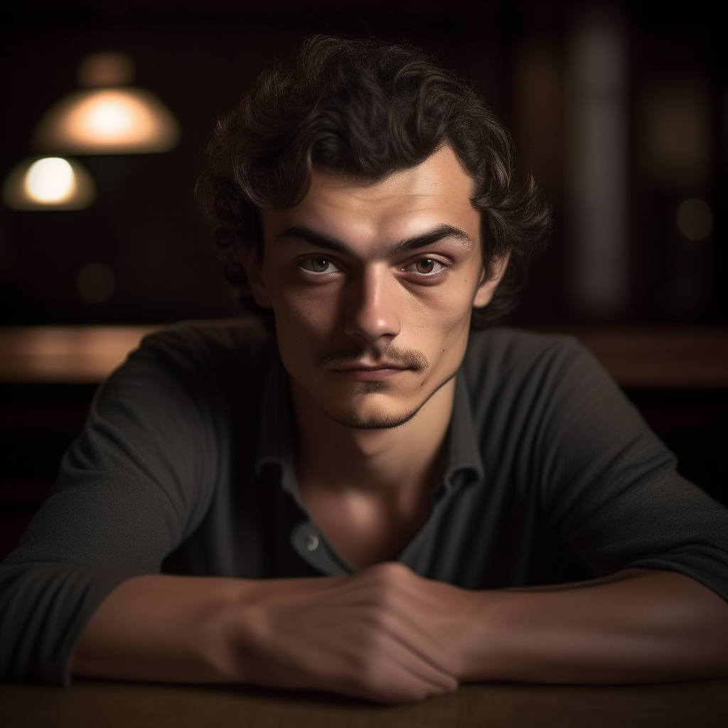 portrait of a handsome man aged 24, with Greek and Turkish facial features mixed, sitting alone at a dimly lit bar table, oval face shape, small almond eyes, dark brown curly hair, light stubble, black eyes, lightly tanned skin, neutral expression, rounded eyebrows