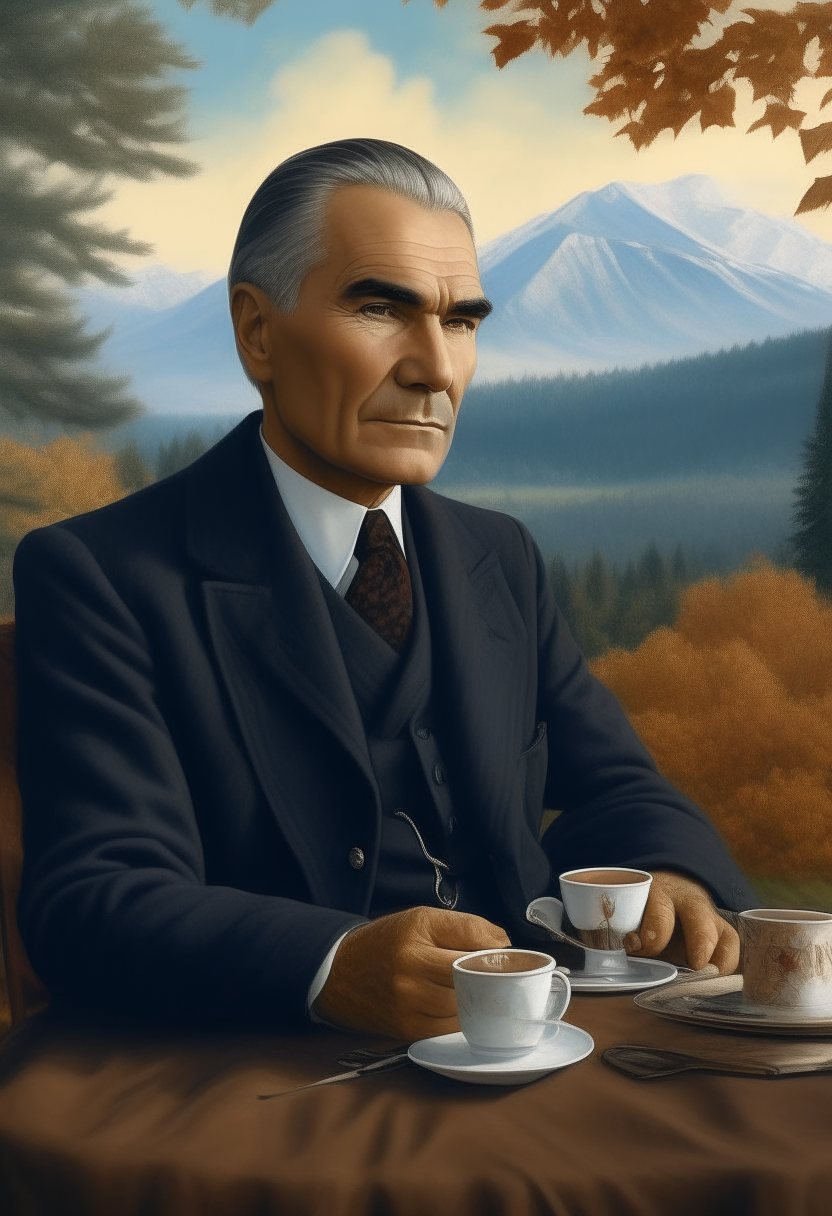 a portrait of Atatürk, the founder of modern Turkey, with blond hair and blue eyes. He is sitting outdoors with Turkey's landscape in the background including mountains, trees and a Turkish black tea on a small table next to him. The style is photorealistic.