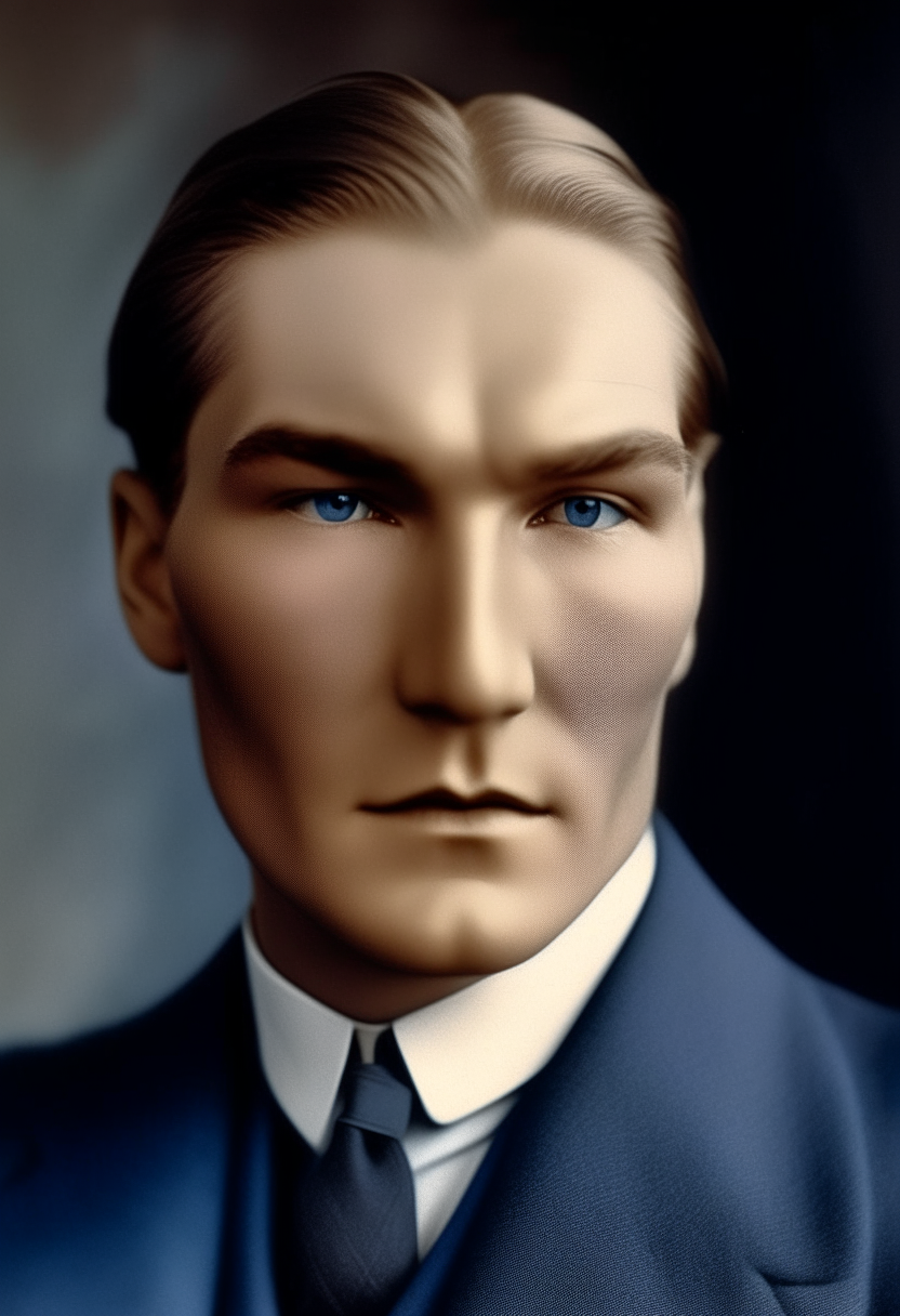 a portrait of Mustafa Kemal Atatürk at age 27. He has wavy blond hair parted on the side and piercing blue eyes. His expression is thoughtful and introspective.