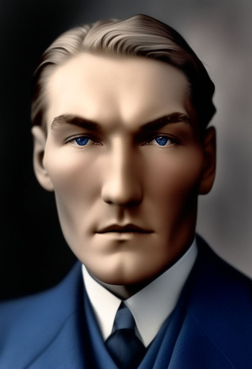 a portrait of Mustafa Kemal Atatürk at age 27. He has wavy blond hair, piercing blue eyes and an oval face shape. His expression is thoughtful and introspective.