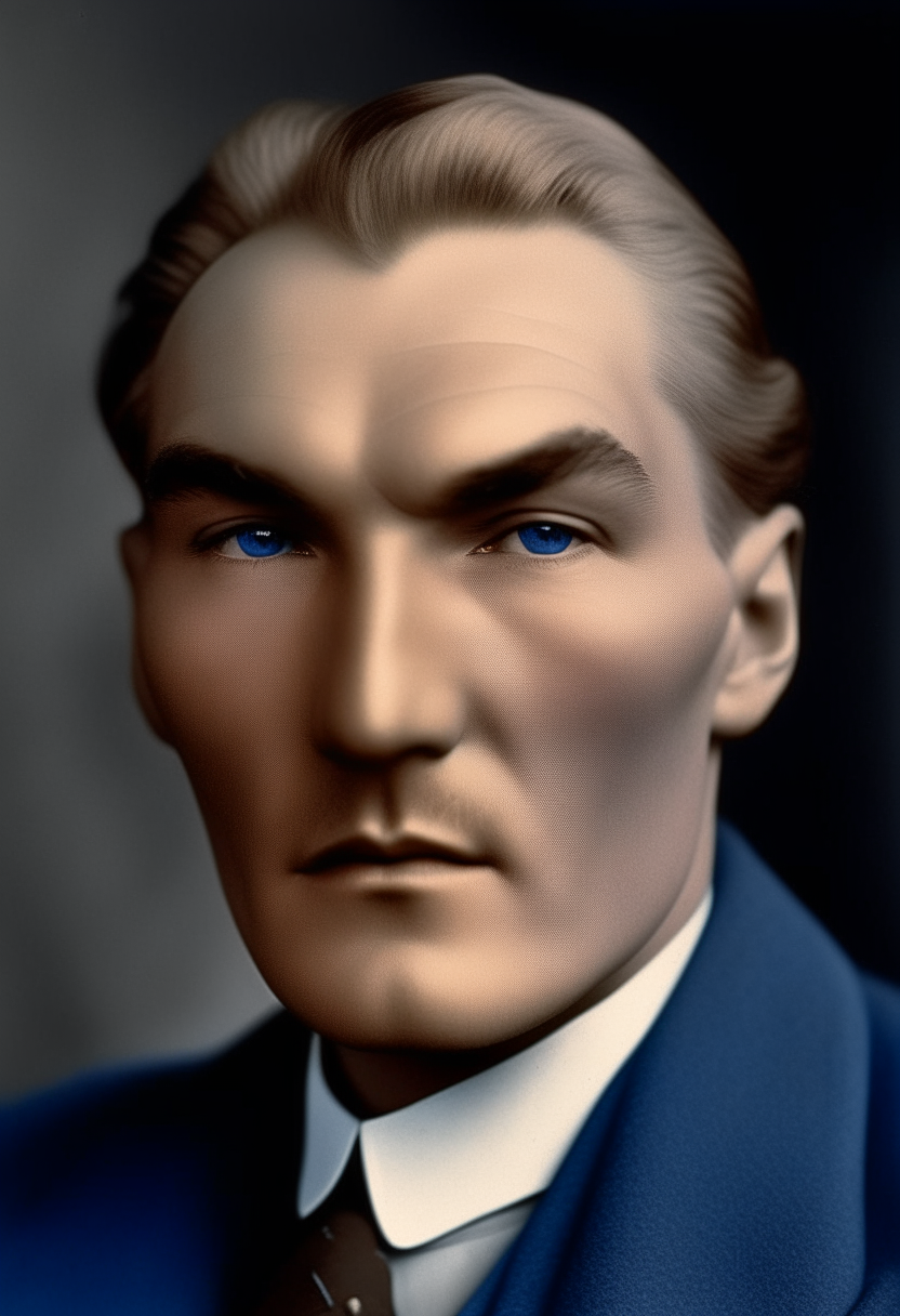 A portrait of Mustafa Kemal Atatürk at age 27. He has wavy blond hair, piercing blue eyes, a bulbous nose, thick bushy eyebrows and small lips. His expression is thoughtful and introspective.